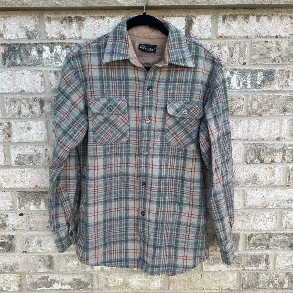 Vintage Graffiti Wool Blend Flannel Shirt Gray Red Plaid Size Medium